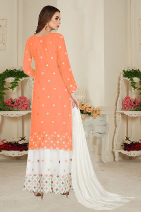 Orange Net With Soft Silk Inner Semi-Stitched Designer Gown Suit