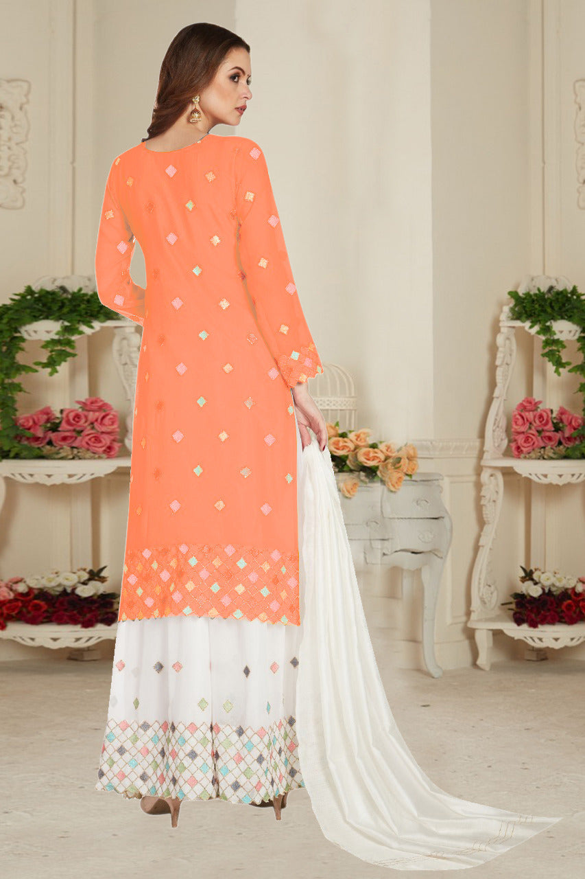 Orange Net With Soft Silk Inner Semi-Stitched Designer Gown Suit