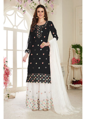 Black Fancy Lifestyle Net With Soft Silk Inner Semi-Stitched Designer Gown Suit