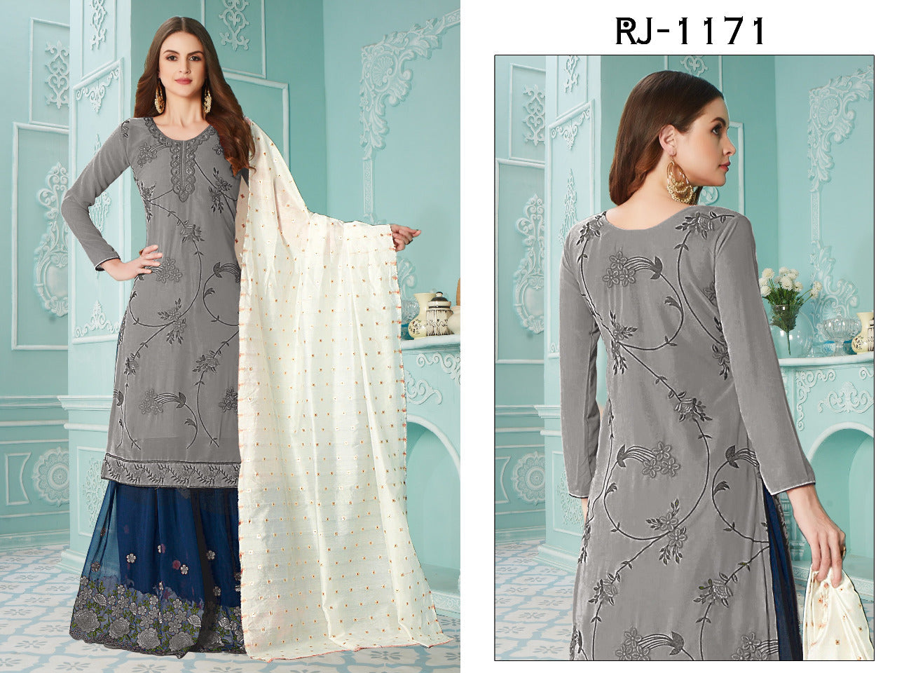 Grey Fancy Georgette With Soft Silk Inner Semi-Stitched Designer Gown Suit