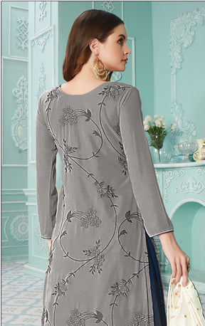 Grey Fancy Georgette With Soft Silk Inner Semi-Stitched Designer Gown Suit