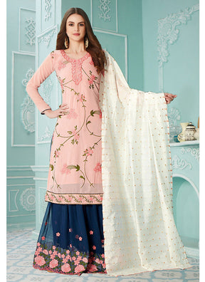 Pink Fancy Georgette With Soft Silk Inner Semi-Stitched Designer Gown Suit