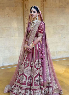 Pink Colored Bridal Malay satin Lehenga Choli With Hand and Embroidery Work HLC 11