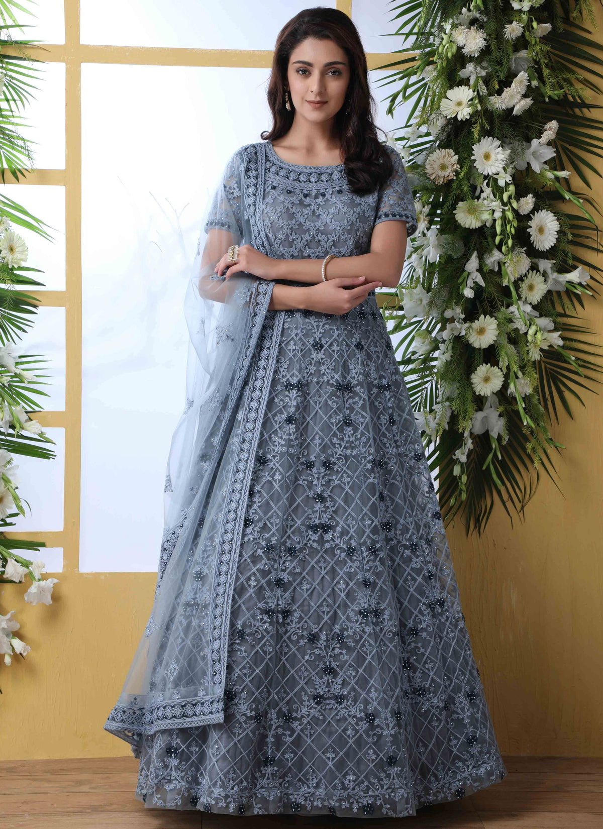 Grey Wedding Wear Embroidered Anarkali Suit