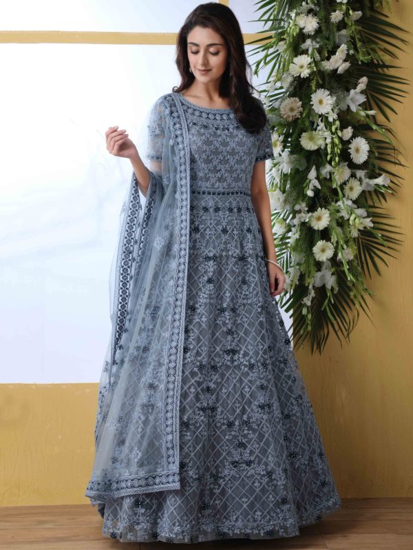 Grey Wedding Wear Embroidered Anarkali Suit