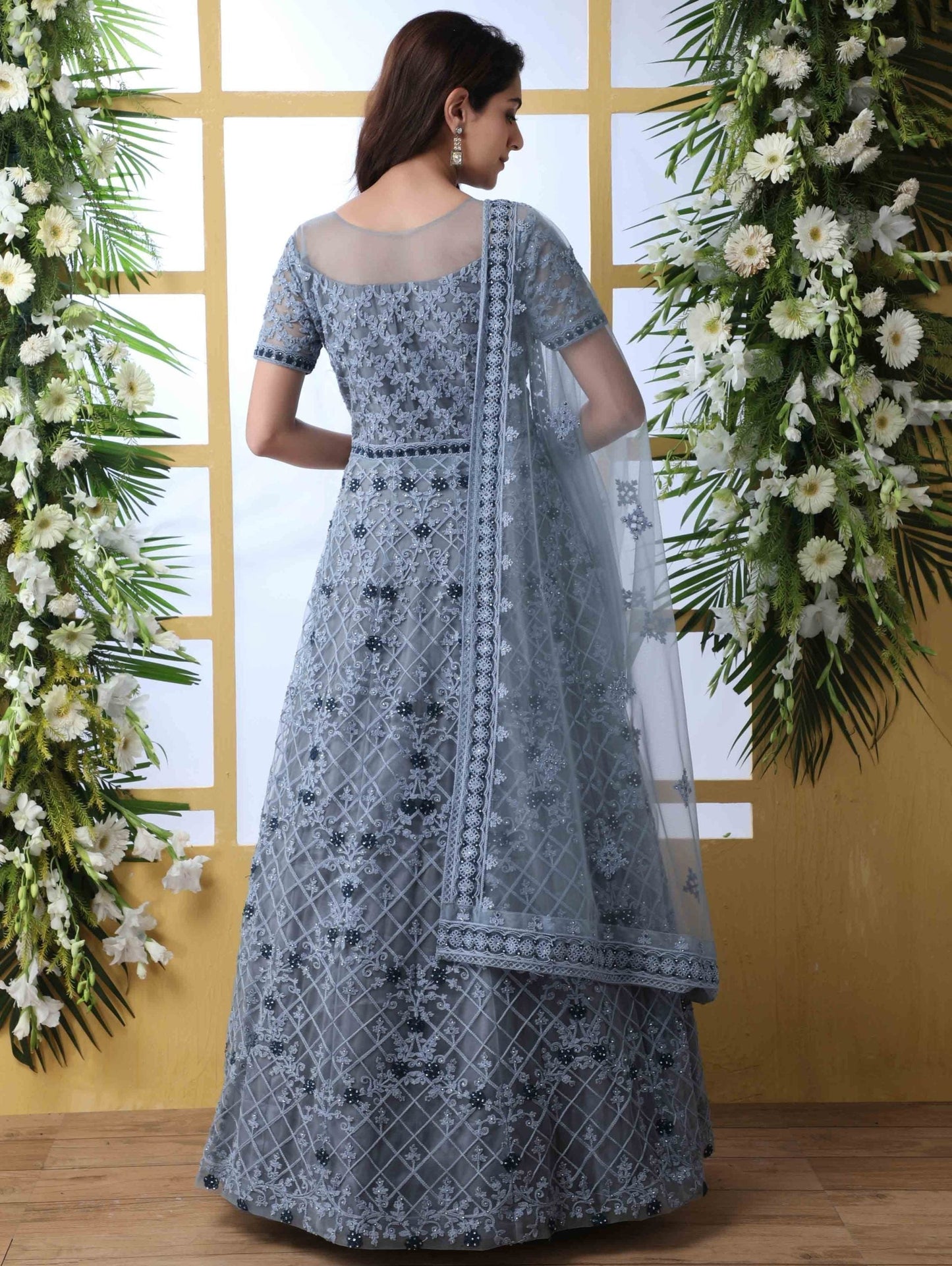 Grey Wedding Wear Embroidered Anarkali Suit