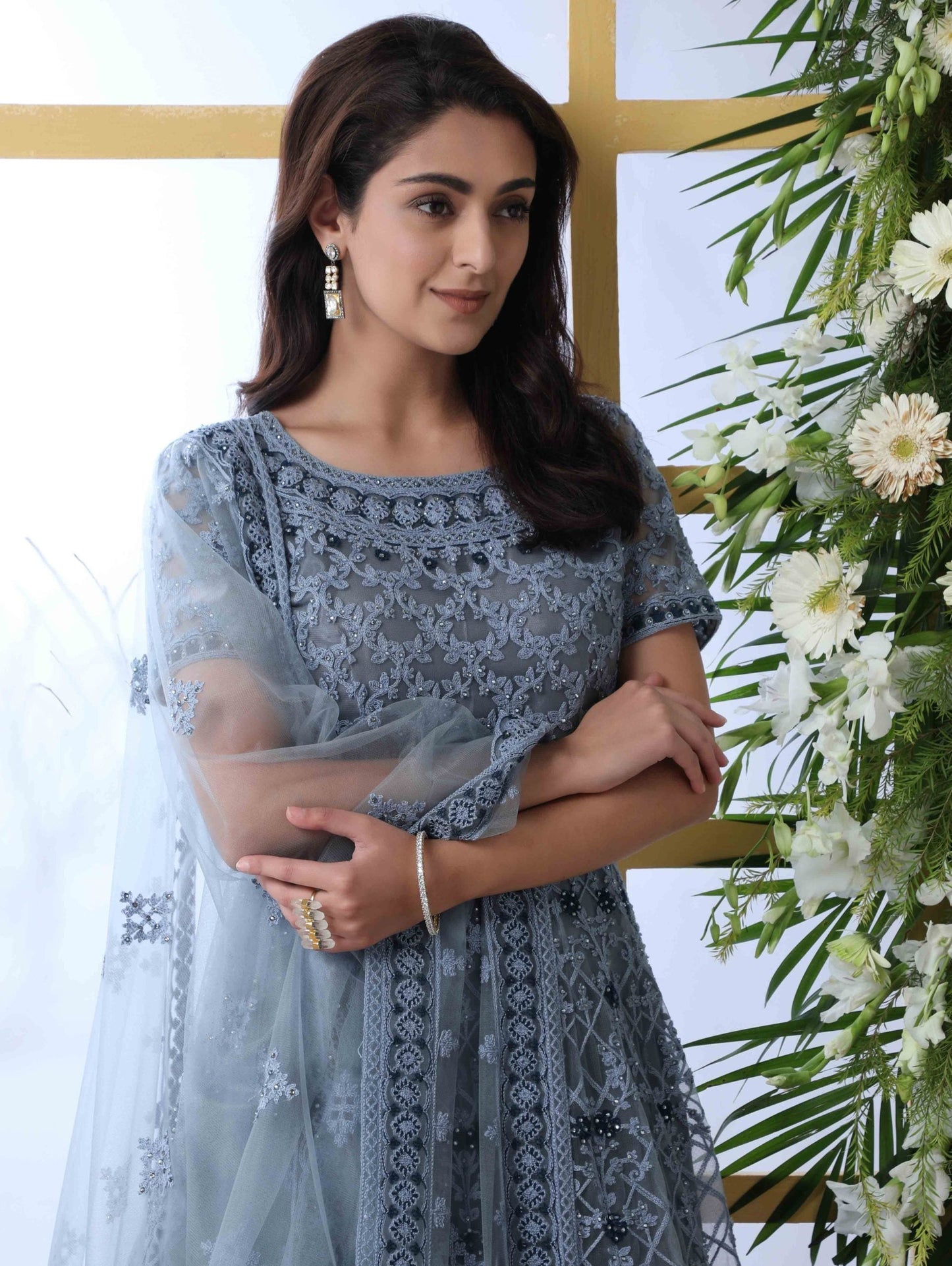 Grey Wedding Wear Embroidered Anarkali Suit