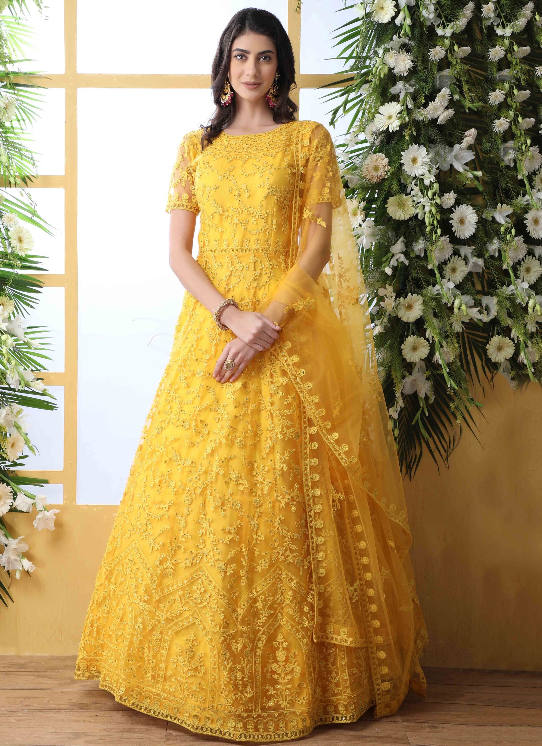 Yellow Designer Embroidered Anarkali Suit