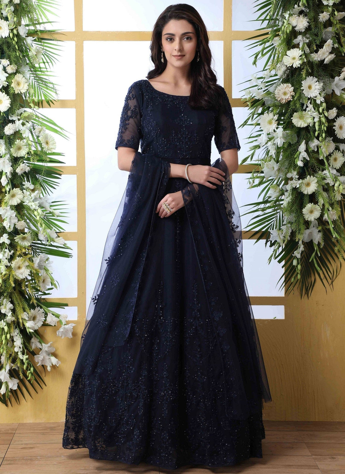 Navy Blue Embroidered Anarkali Suit