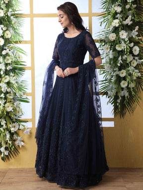 Navy Blue Embroidered Anarkali Suit