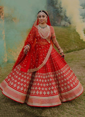 Red Wedding Wear Embroidery Bridesmaid Lehengas BI 07