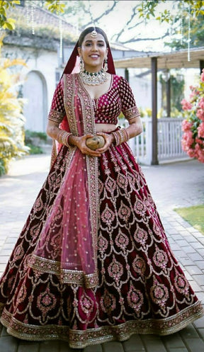 Maroon Embroidered Attractive Party Wear Velvet Material Bridesmaid Lehengas BI 85