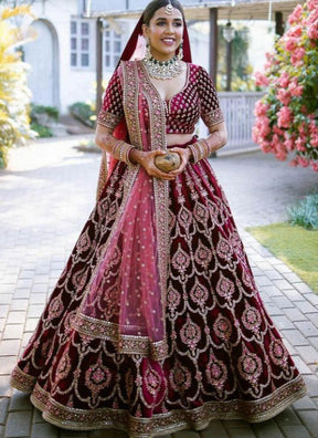 Maroon Embroidered Attractive Party Wear Velvet Material Bridesmaid Lehengas BI 85