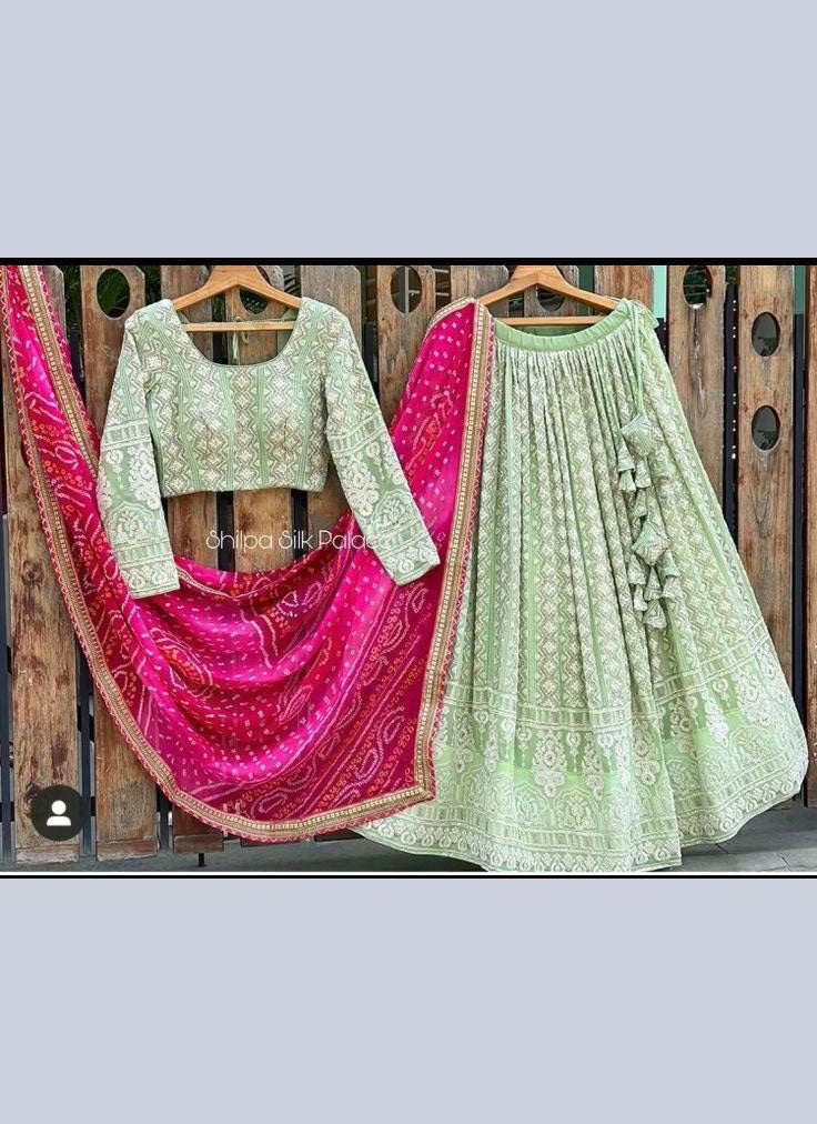 Pista Green Embroidered Attractive Party Wear Georgette Material Bridesmaid Lehengas BI 94