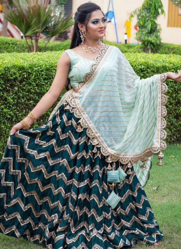 Green Embroidered Attractive Party Wear Georgette Material Bridesmaid Lehengas BI 95