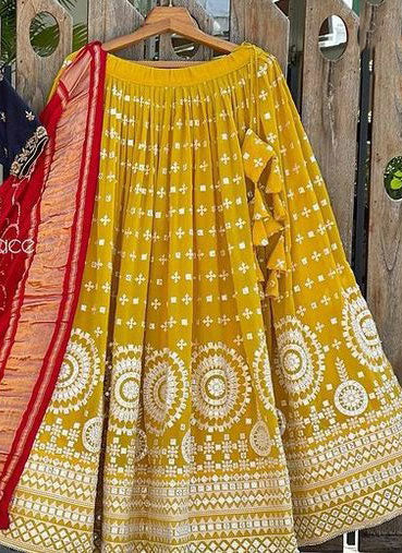 Yellow Designer Partywear Embroidered Work Malay Satin Bridesmaid Lehengas BI 98