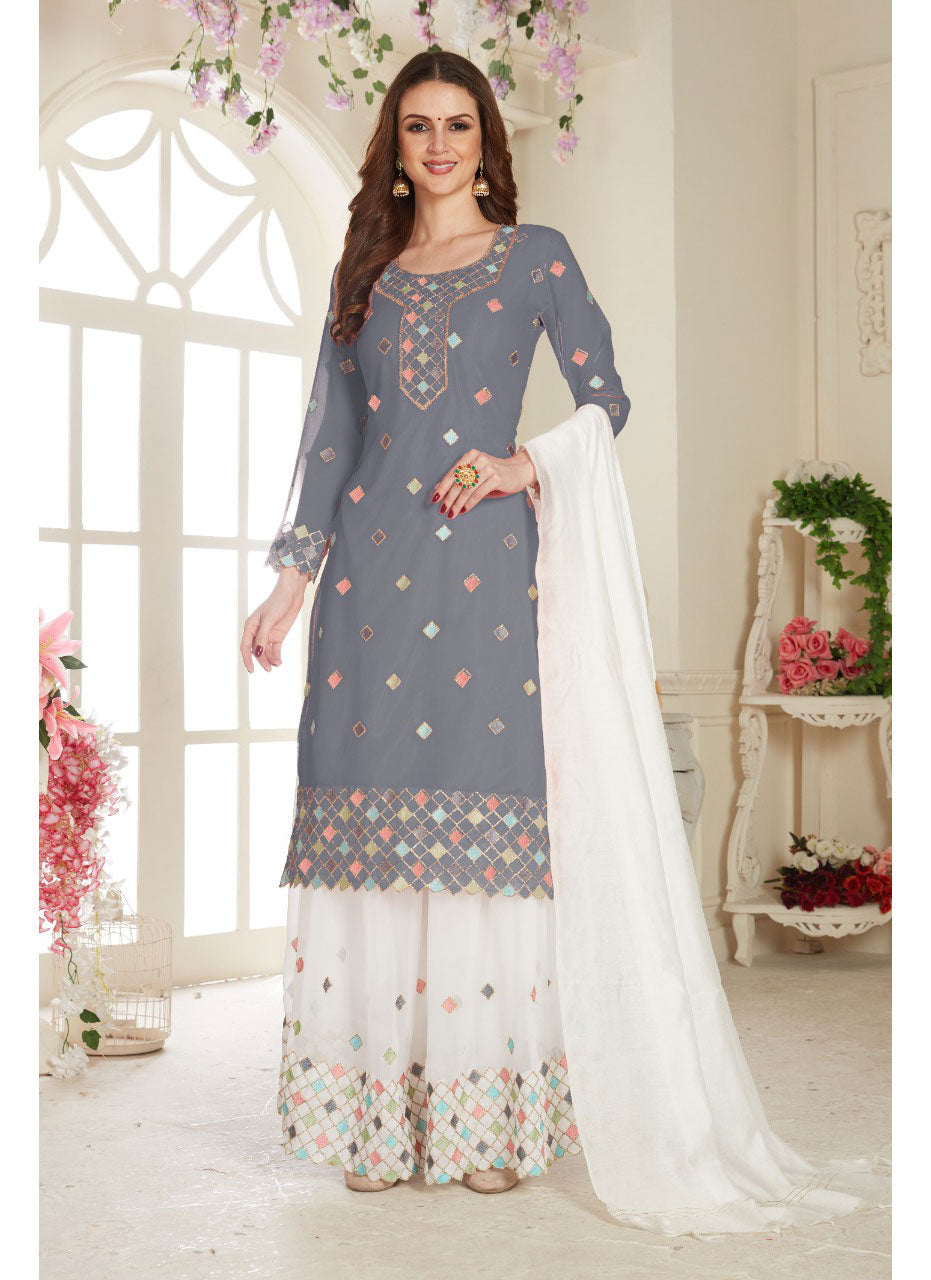 Grey Net With Soft Silk Inner Semi-Stitched Designer Gown Suit