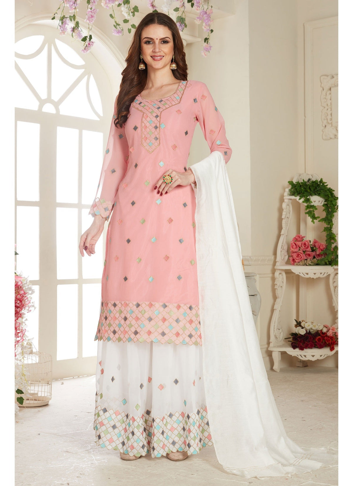 Pink Fancy Net With Soft Silk Inner Semi-Stitched Designer Gown Suit