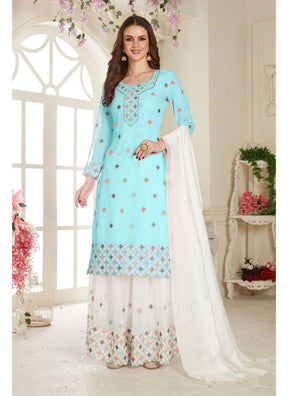 Sky Fancy Lifestyle Net With Soft Silk Inner Semi-Stitched Designer Gown Suit