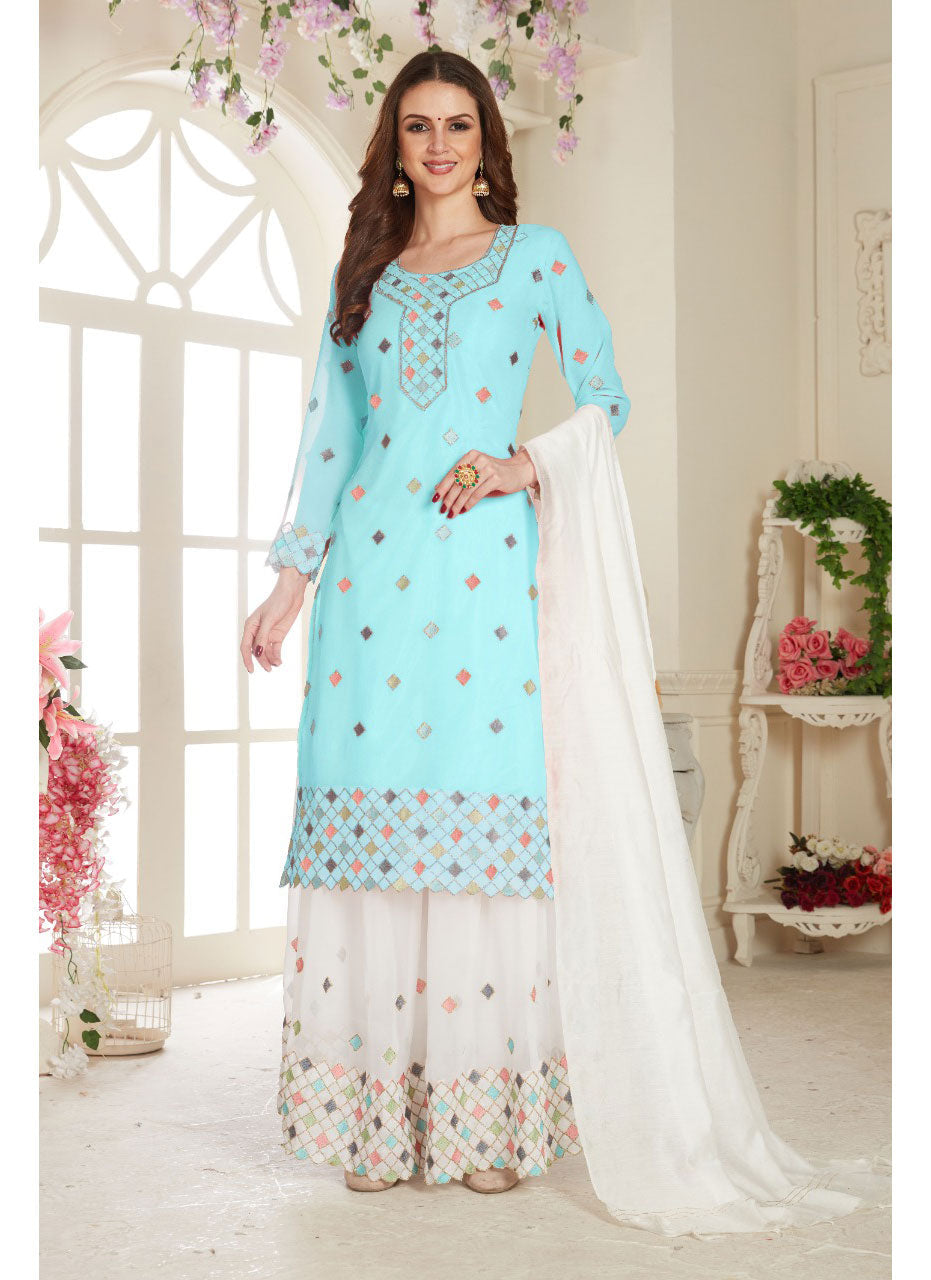 Sky Fancy Lifestyle Net With Soft Silk Inner Semi-Stitched Designer Gown Suit