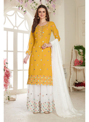 Yellow Fancy Net With Soft Silk Inner Semi-Stitched Designer Gown Suit