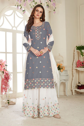 Grey Net With Soft Silk Inner Semi-Stitched Designer Gown Suit