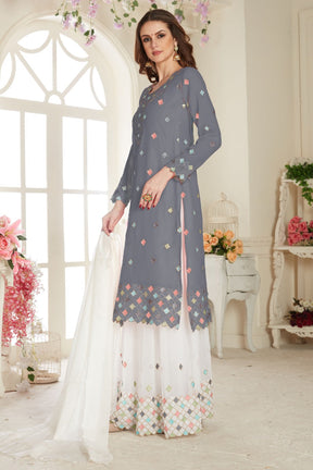 Grey Net With Soft Silk Inner Semi-Stitched Designer Gown Suit