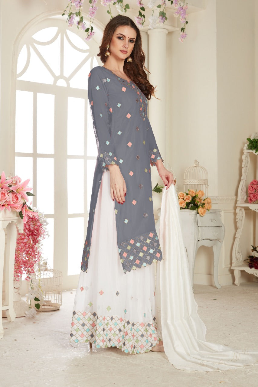 Grey Net With Soft Silk Inner Semi-Stitched Designer Gown Suit