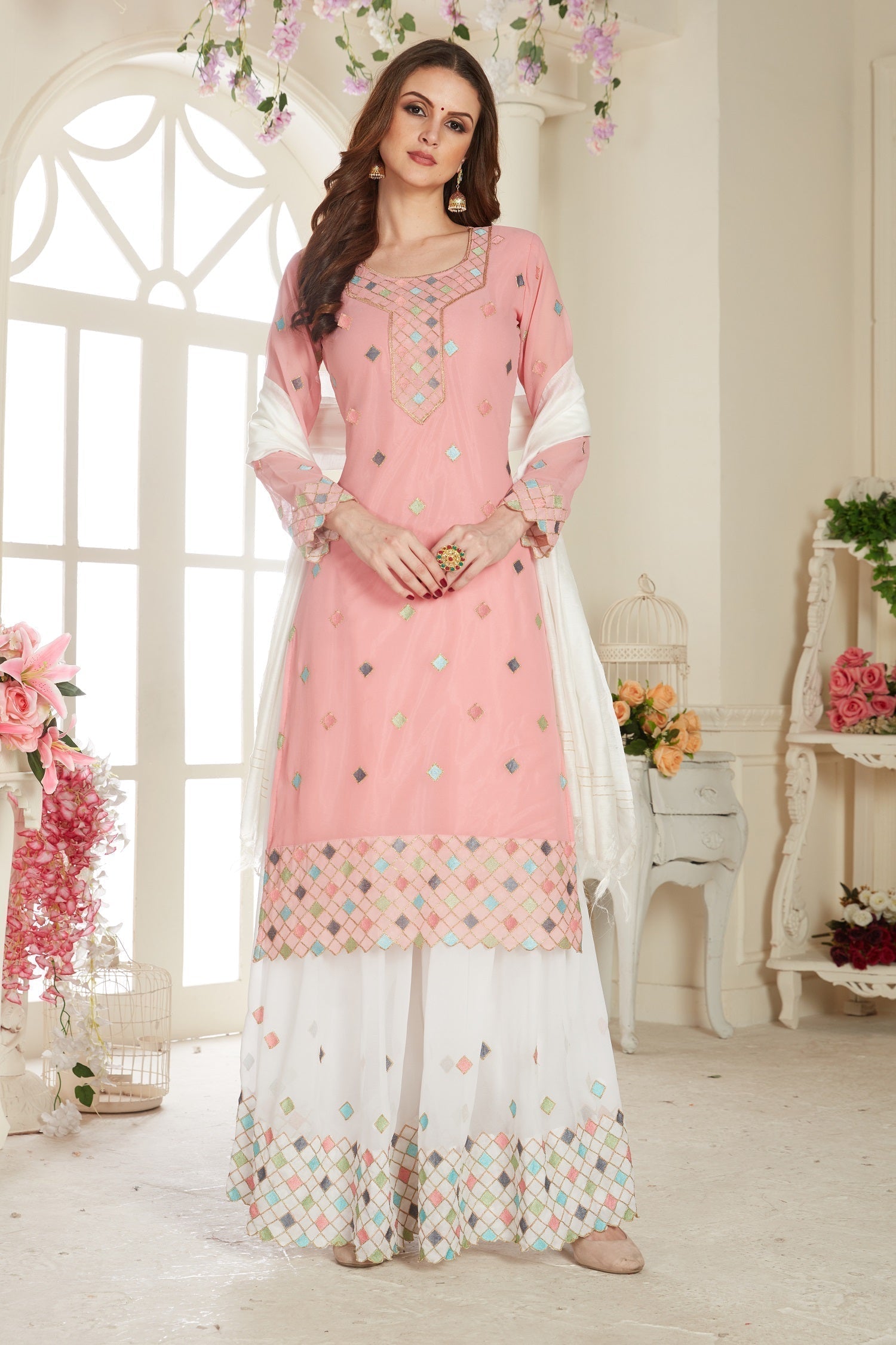 Pink Fancy Net With Soft Silk Inner Semi-Stitched Designer Gown Suit