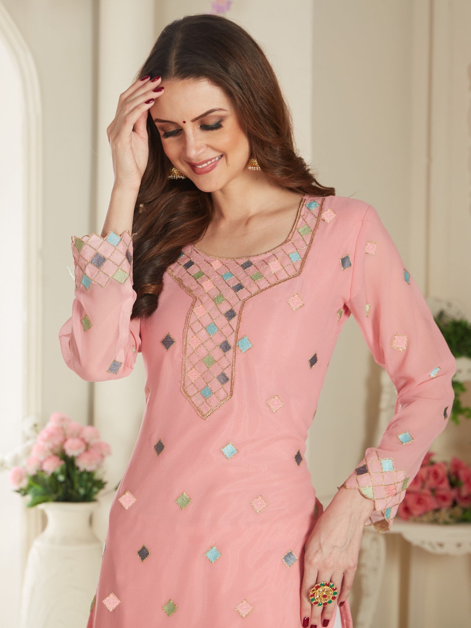 Pink Fancy Net With Soft Silk Inner Semi-Stitched Designer Gown Suit