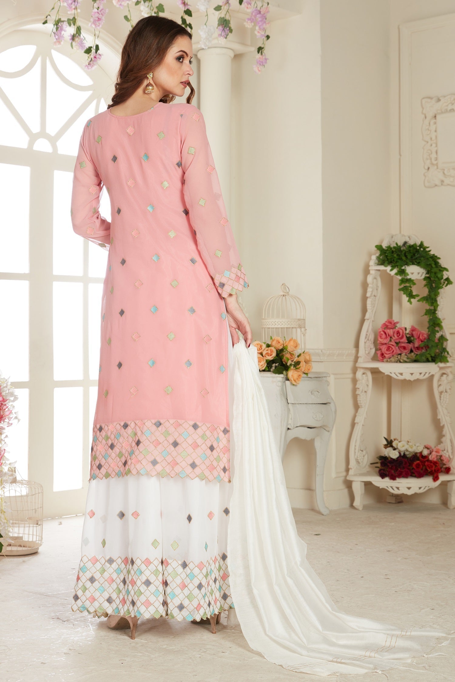 Pink Fancy Net With Soft Silk Inner Semi-Stitched Designer Gown Suit