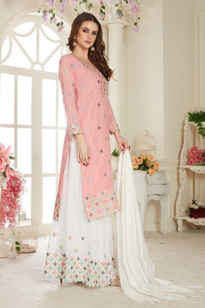 Pink Fancy Net With Soft Silk Inner Semi-Stitched Designer Gown Suit