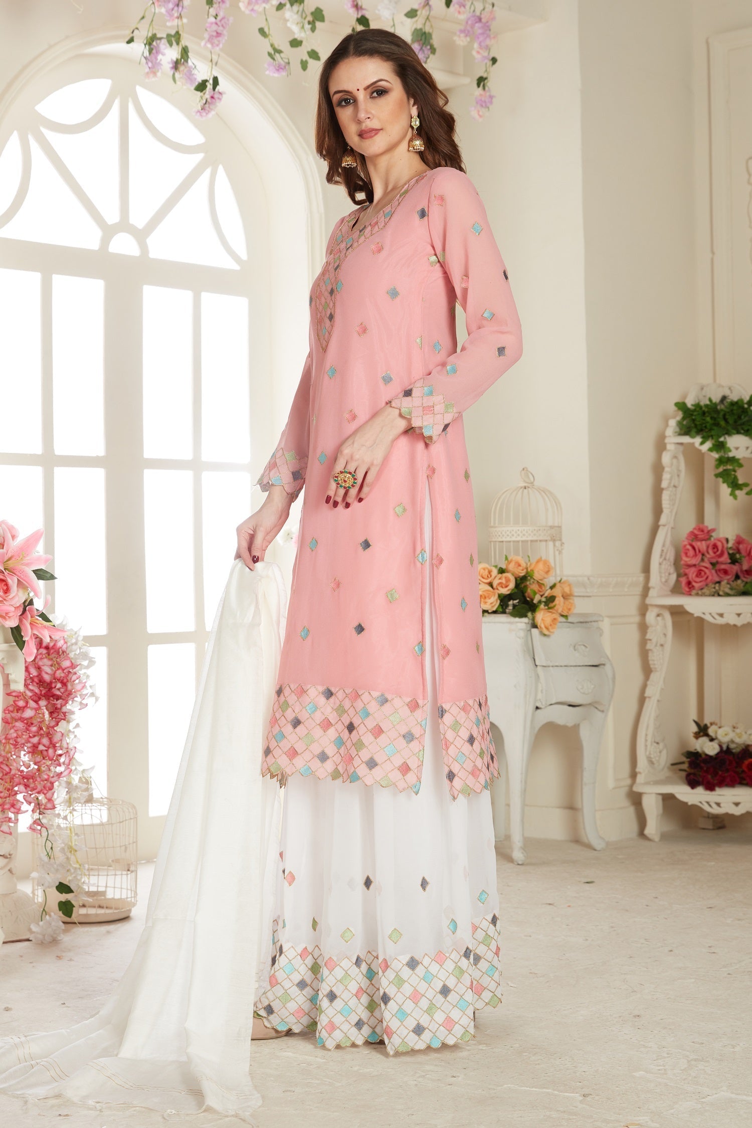 Pink Fancy Net With Soft Silk Inner Semi-Stitched Designer Gown Suit