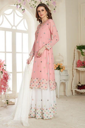 Pink Fancy Net With Soft Silk Inner Semi-Stitched Designer Gown Suit