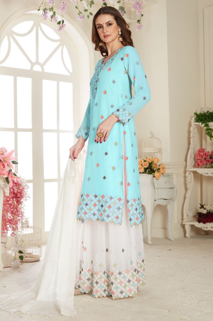 Sky Fancy Lifestyle Net With Soft Silk Inner Semi-Stitched Designer Gown Suit