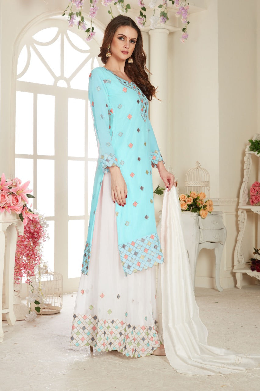 Sky Fancy Lifestyle Net With Soft Silk Inner Semi-Stitched Designer Gown Suit