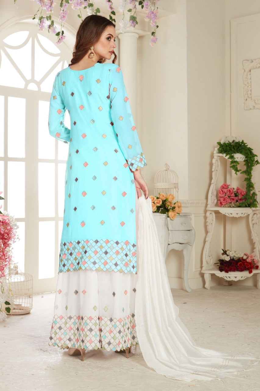 Sky Fancy Lifestyle Net With Soft Silk Inner Semi-Stitched Designer Gown Suit