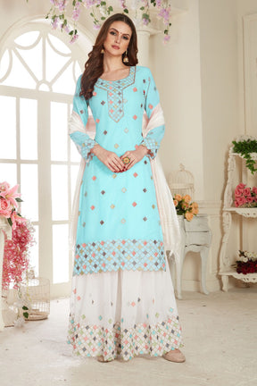 Sky Fancy Lifestyle Net With Soft Silk Inner Semi-Stitched Designer Gown Suit