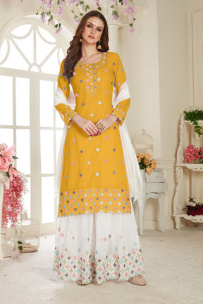 Yellow Fancy Net With Soft Silk Inner Semi-Stitched Designer Gown Suit