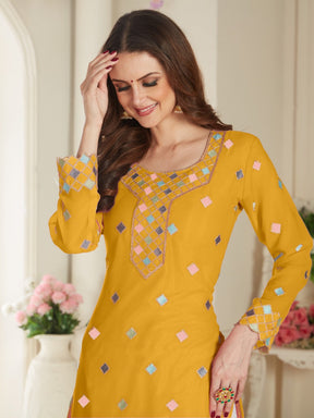 Yellow Fancy Net With Soft Silk Inner Semi-Stitched Designer Gown Suit