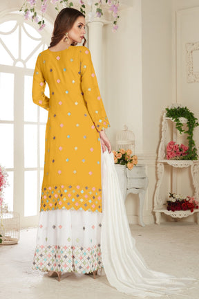 Yellow Fancy Net With Soft Silk Inner Semi-Stitched Designer Gown Suit