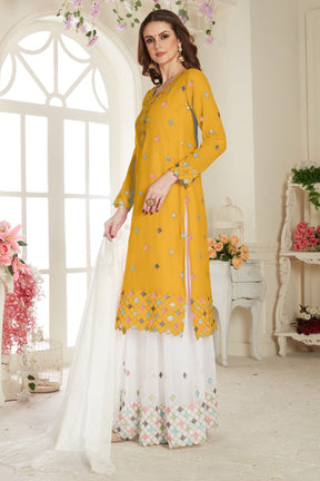 Yellow Fancy Net With Soft Silk Inner Semi-Stitched Designer Gown Suit