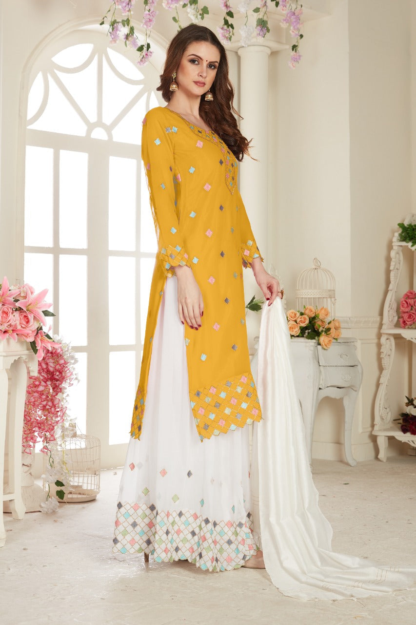 Yellow Fancy Net With Soft Silk Inner Semi-Stitched Designer Gown Suit