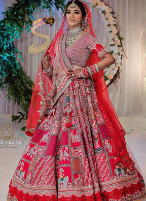 Red Colored Bridal Malay satin Lehenga Choli With Hand and Embroidery Work HLC 14