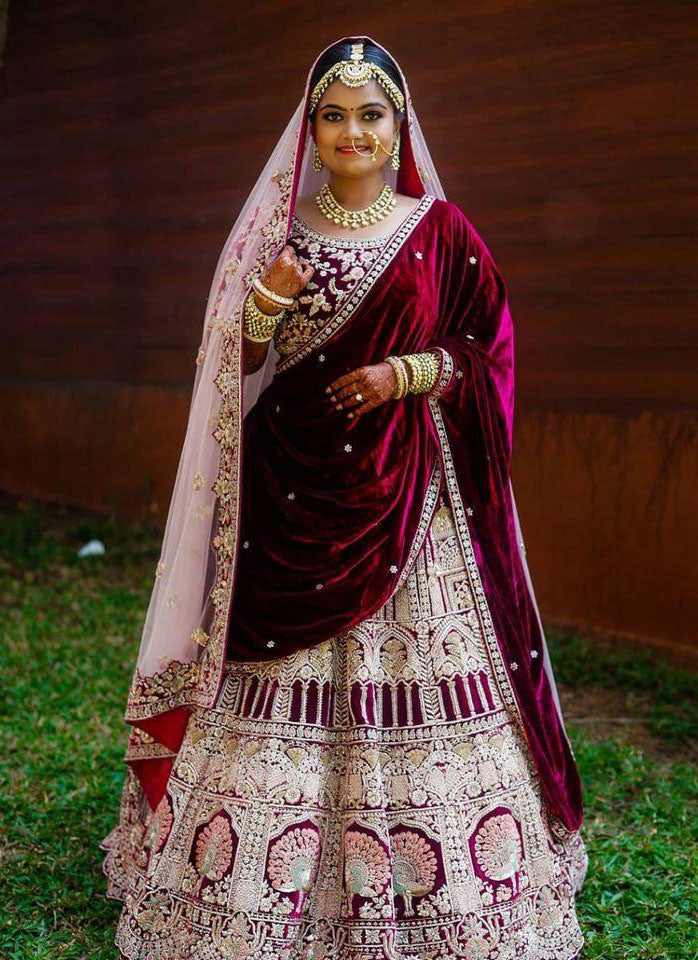 Maroon Colored Bridal Velvet material Lehenga Choli With Embroidery Work