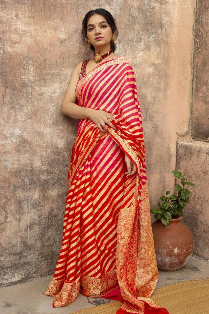 Red Designer Light weight Lichi Silk Saree