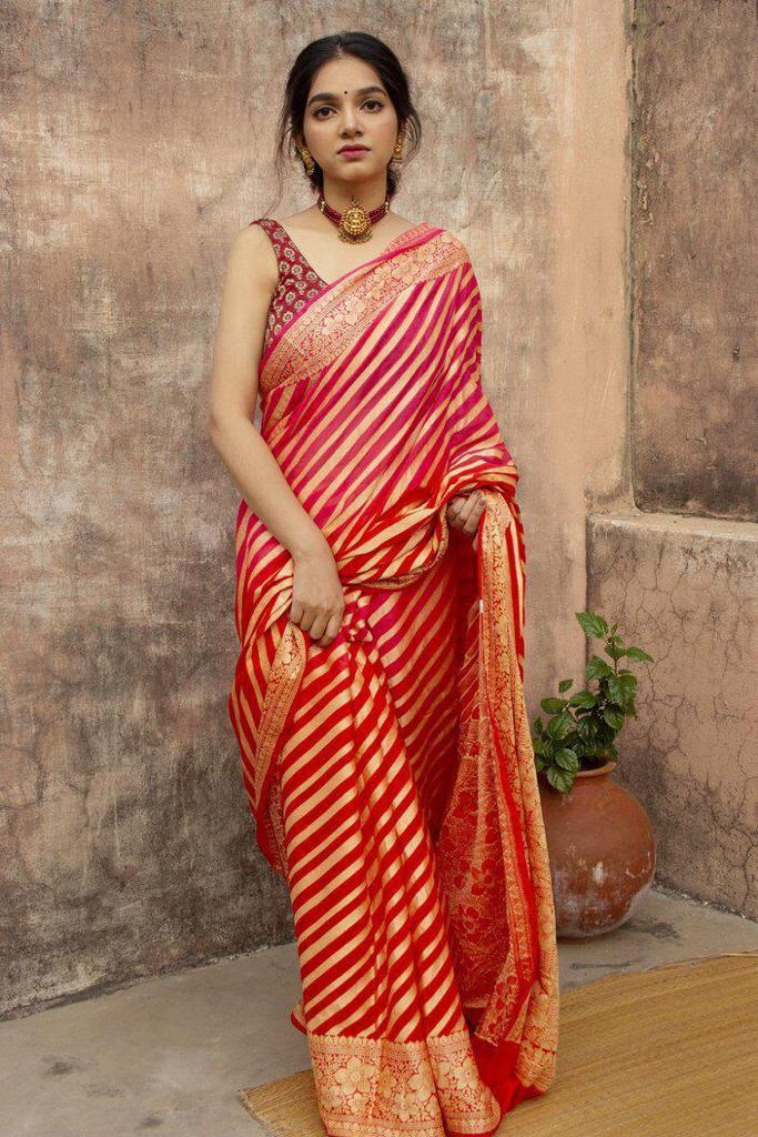 Red Designer Light weight Lichi Silk Saree