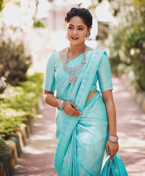 Blue Traditional Bridal Wear Banarasi Lichi Silk Saree