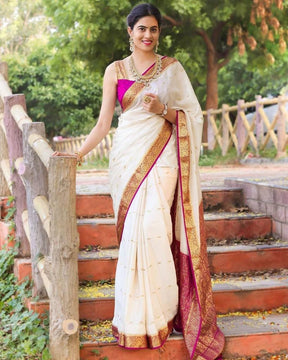 New White Attractive Traditional Lichi Silk Bridal Wear Banarasi Designer Saree