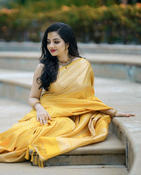 New Yellow Traditional Lichi Silk Banarasi Designer Saree